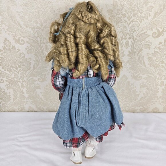 Vintage Delton Porcelain Doll Blue Eyes Blond Ringlets Denim Jumper Plaid Dress - Picture 9 of 16